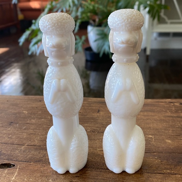 Vintage Avon Milk Glass White French Poodle Perfume Bottle Set of 2 - Picture 1 of 7